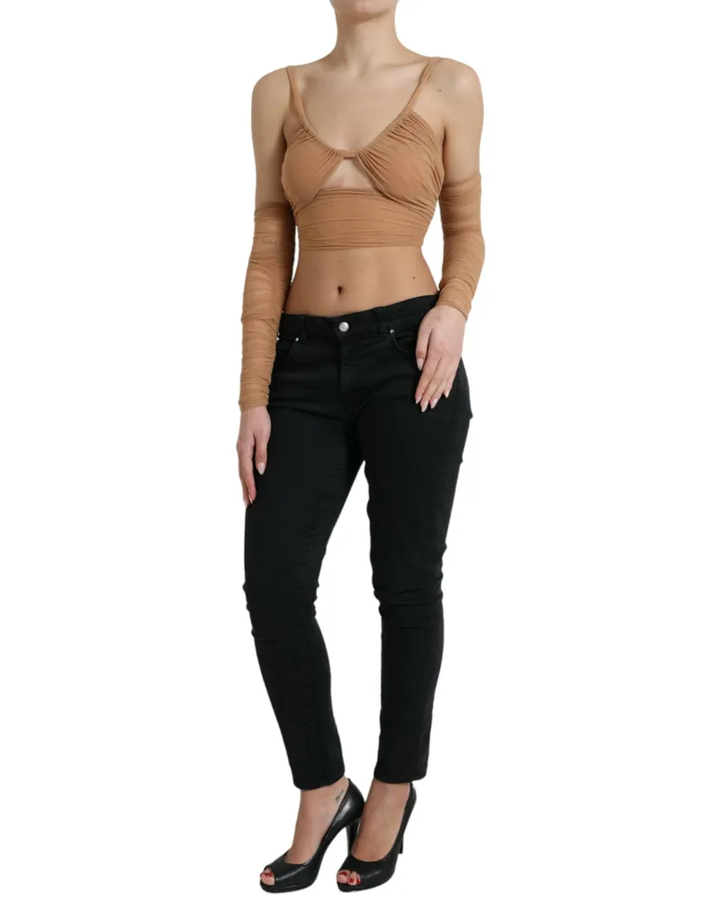 Dolce & Gabbana Women Brown Nylon Stretch Open Shoulder Cropped Top Elastane Brown