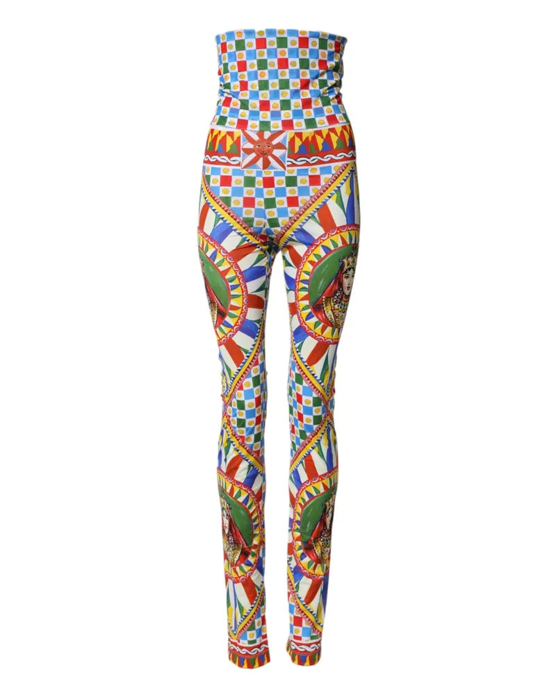 Dolce & Gabbana Women's Multicolor Carretto Leggings High Waist Pants Elastane+nylon Multicolor