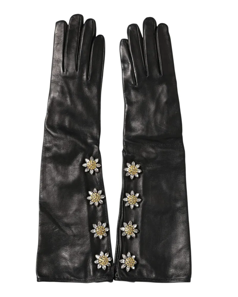 Dolce & Gabbana Women's Black Leather Embellished Long Mitten Gloves Lamb Black