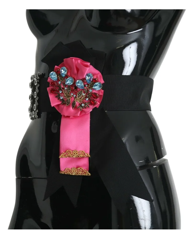 Dolce & Gabbana Women's Black Pink Flower Brooch Crystals Cotton Belt Acetate Black