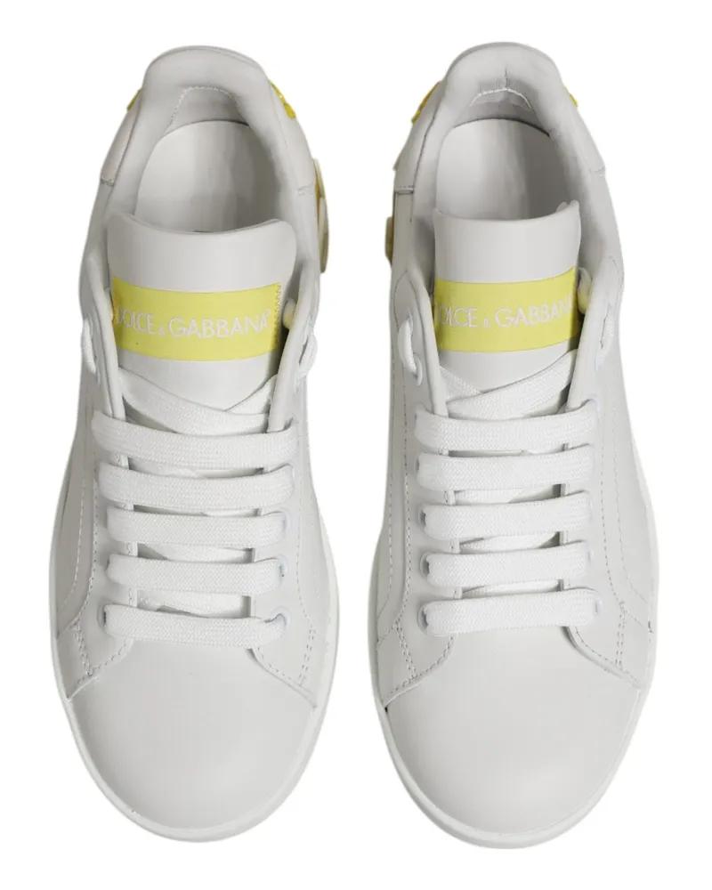 Dolce & Gabbana Women's White Yellow Leather Low Top Sneakers Shoes Calfskin White