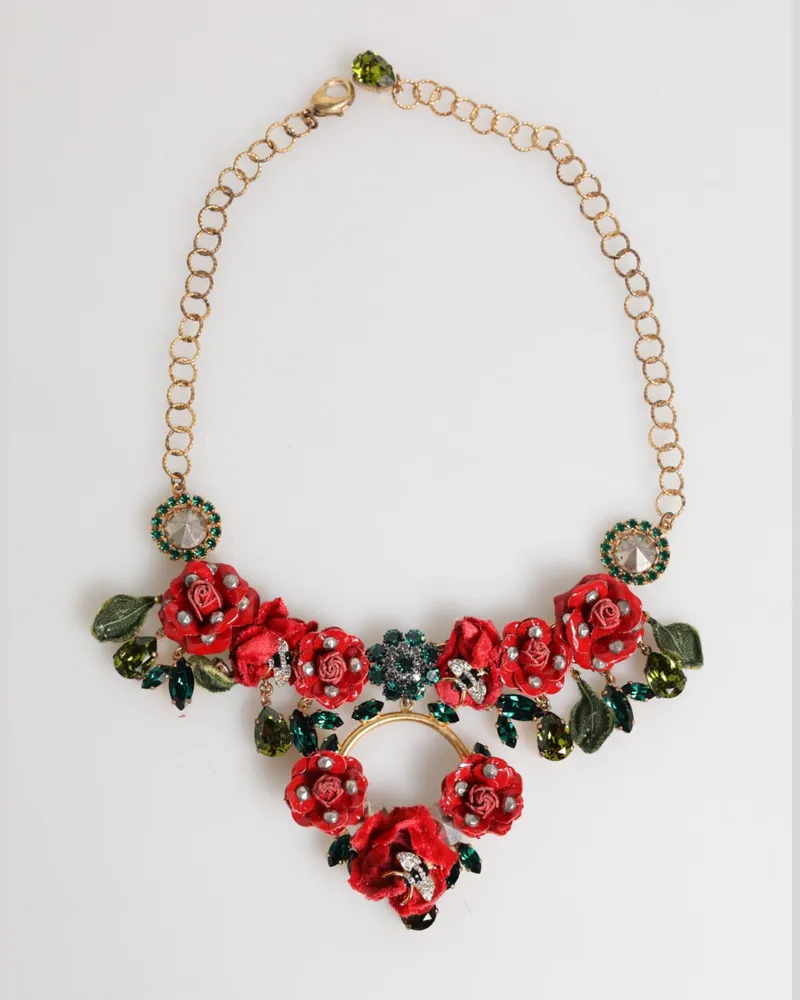 Dolce & Gabbana Women's Red Rose Floral Crystal Embellished Statement Jewelry Necklace Multicolor
