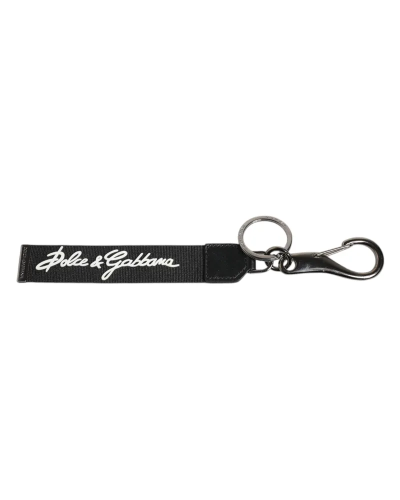 Dolce & Gabbana Black White Dg Logo Silver Men Keychain Polyester Keyring And Real Brass Calfskin Accessory Black
