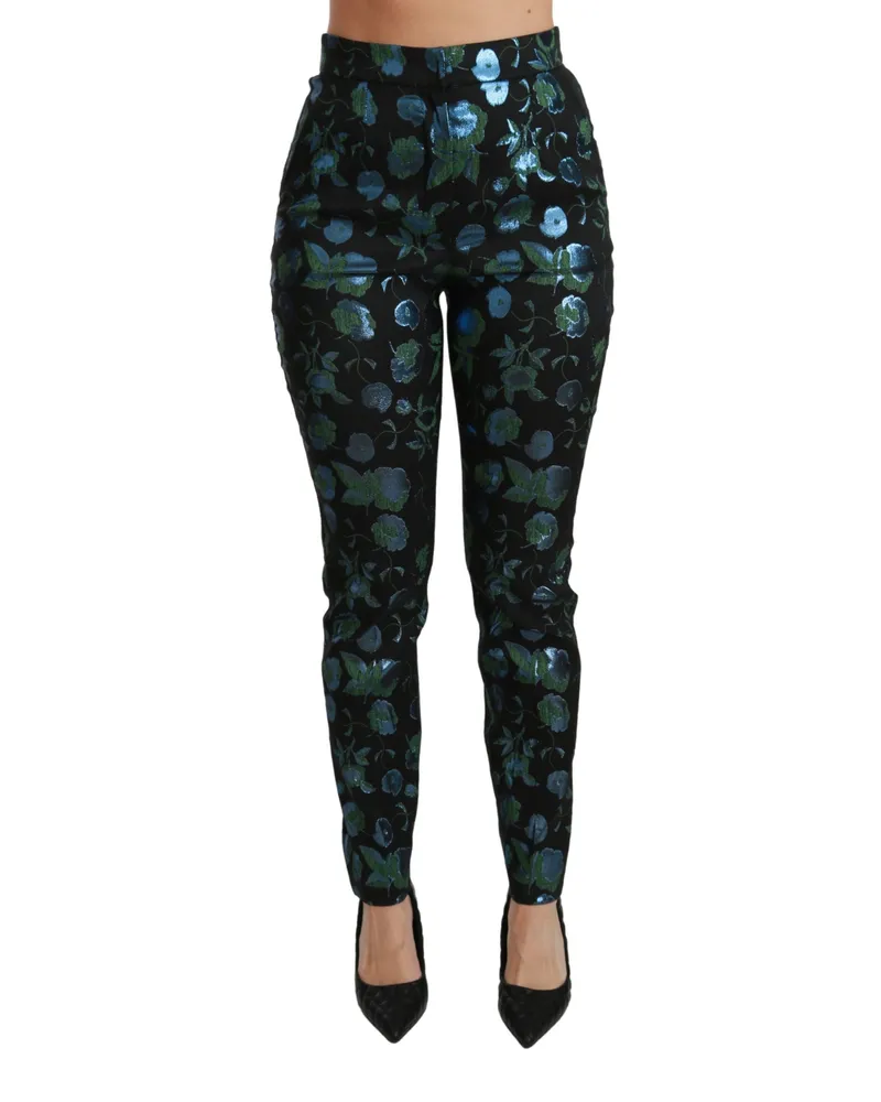 Dolce & Gabbana Women Blue Green Floral Metallic Slim Pants Black Polyester Fibre Black