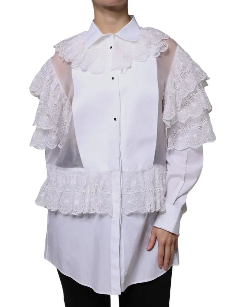 Dolce & Gabbana Lace Ruffle Poplin Blouse — White White