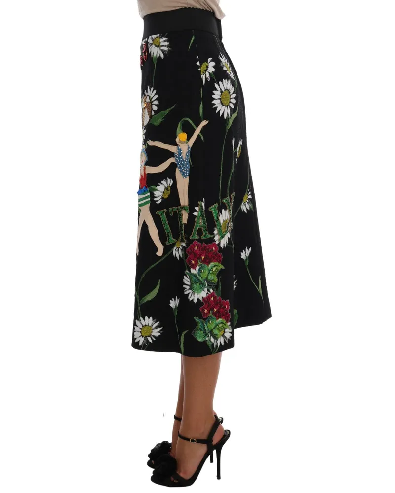 Dolce & Gabbana Women Black Embellished Daisy Brocade Skirt Viscose Black