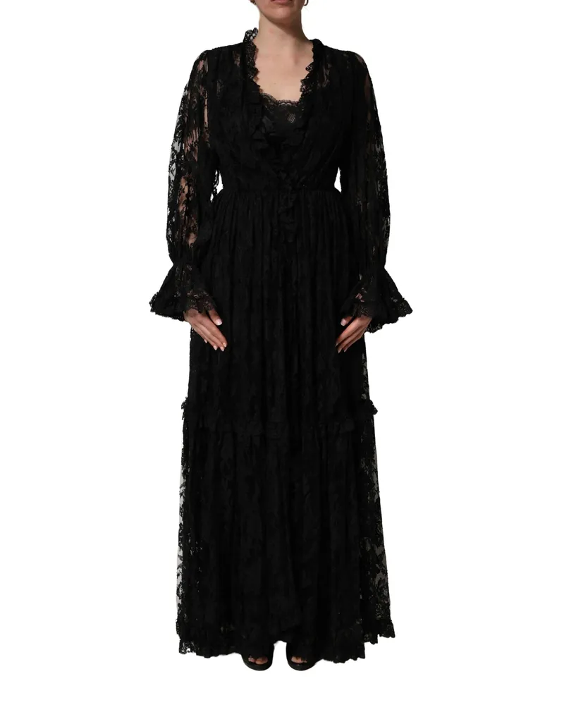 Dolce & Gabbana Women's Black Lace A-Line Long Evening Gown Dress Cotton Silk Nylon Black