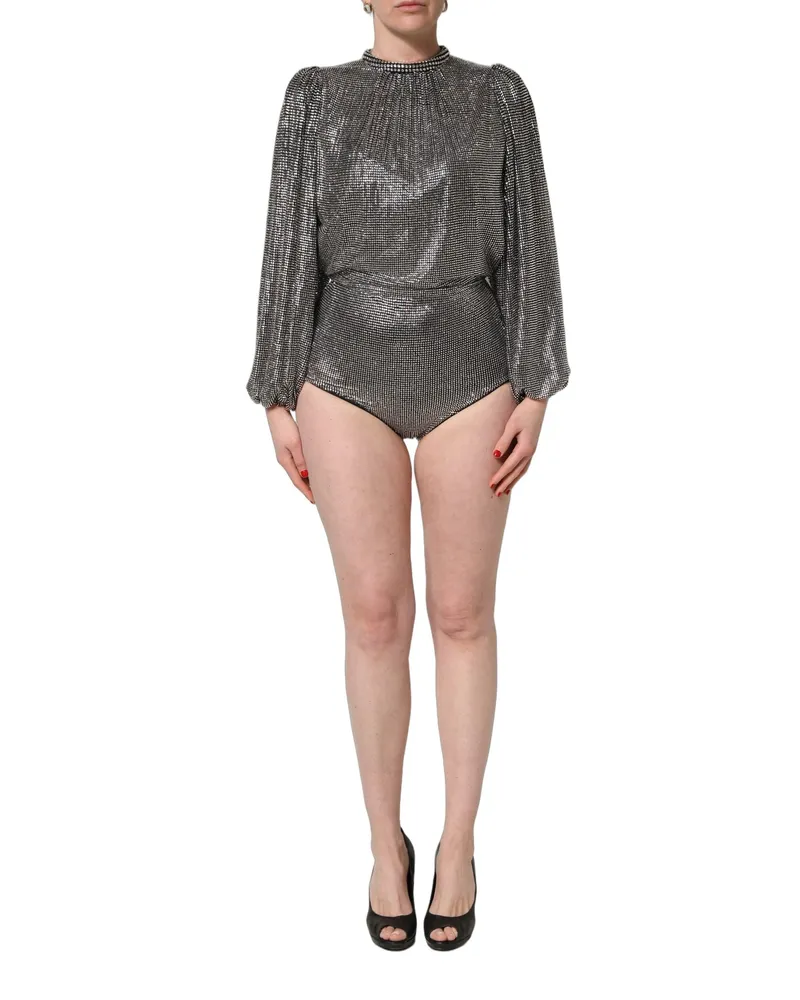 Dolce & Gabbana Women's Silver Rhinestones Long Sleeves Bodysuit Mini Dress Cotton Nylon Elastane Silver