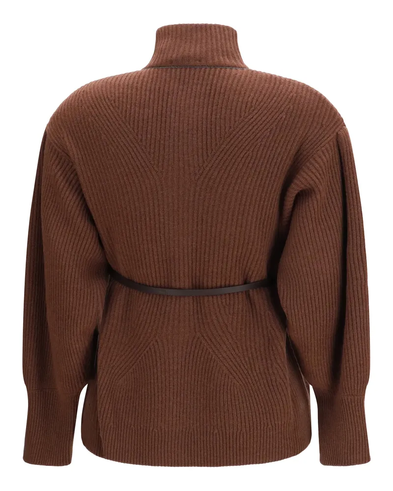 Brunello Cucinelli Women High Neck Cardigan With Belt Cioccolato Sweater Brown