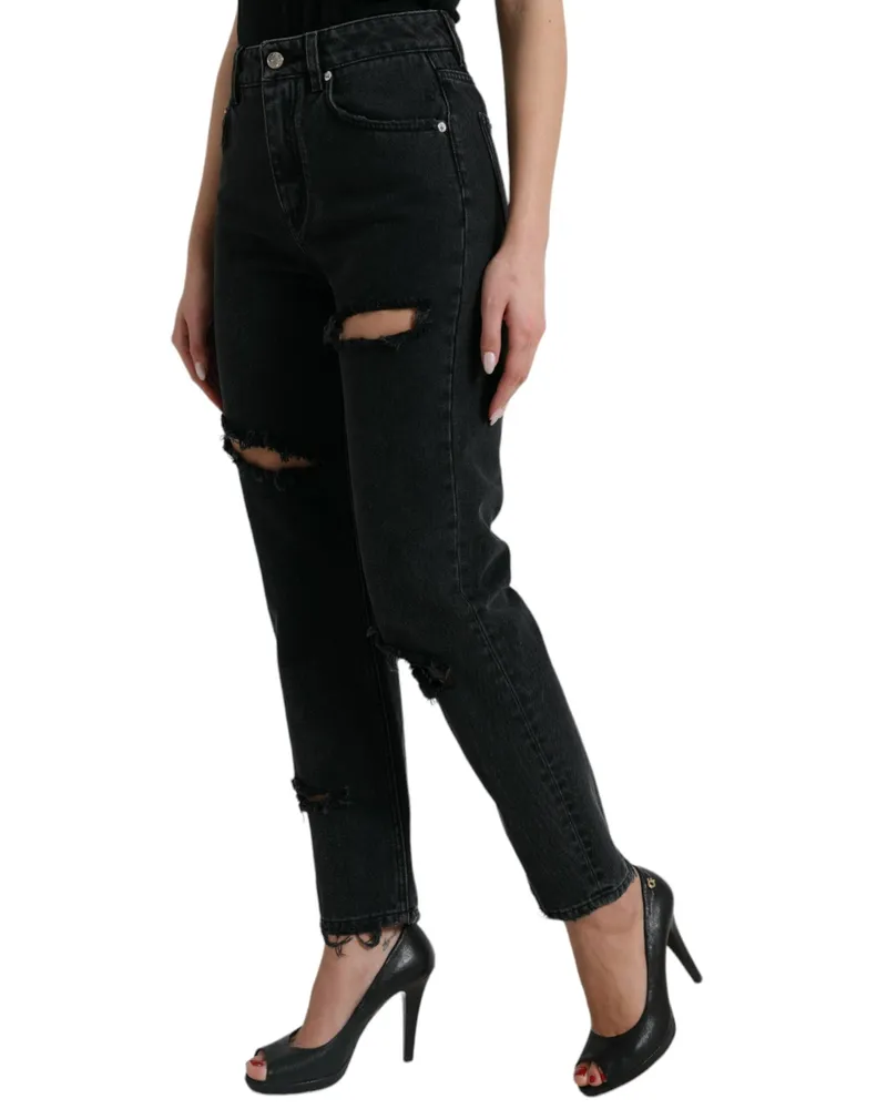 Dolce & Gabbana Women Black Cotton High Waist Tattered Denim Jeans Clothing Black