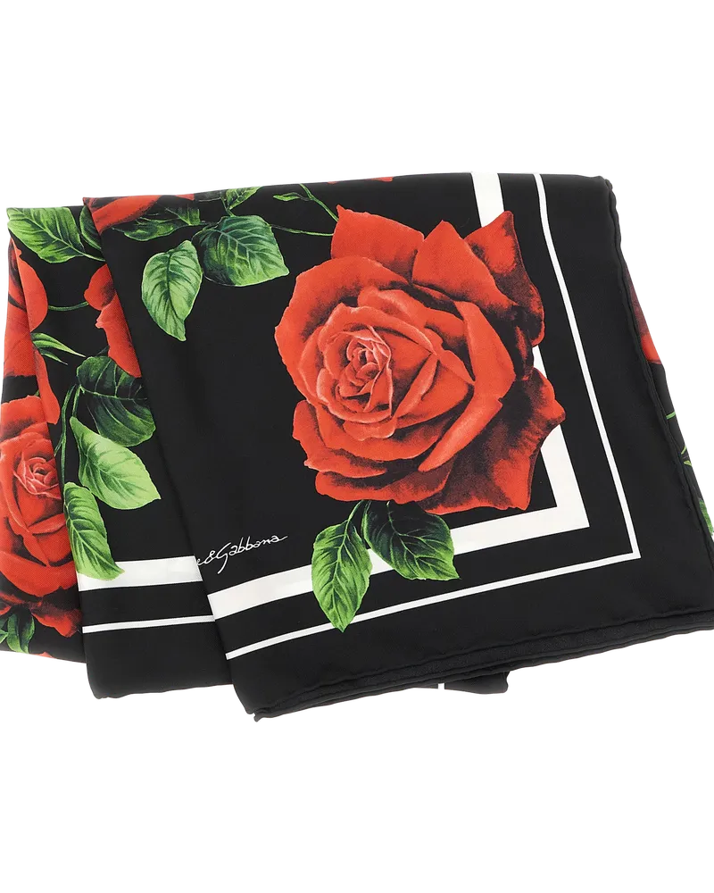 Dolce & Gabbana Rose-Print Silk Scarf — Black Black