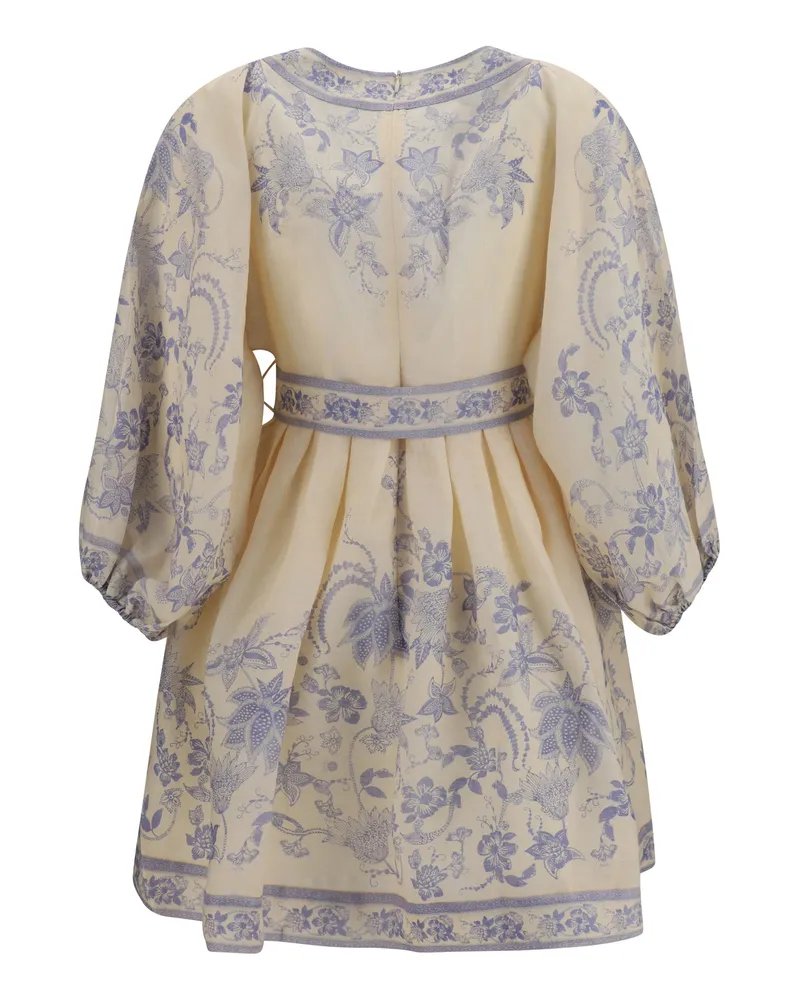 Zimmermann Women's Indra Plunge Mini Dress Cream Lilac Floral Linen Cream