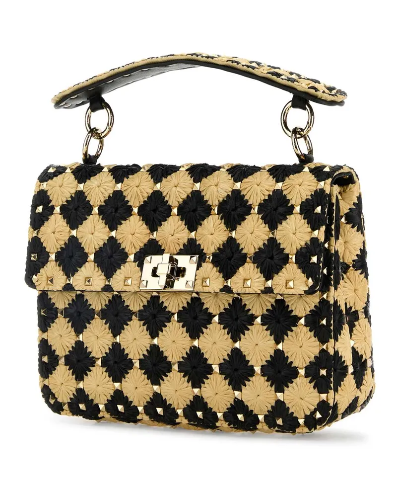 Valentino Garavani Women's Two-Tone Raffia Medium Rockstud Spike Handbag Naturalenero Borse A Mano Bag Multicolor