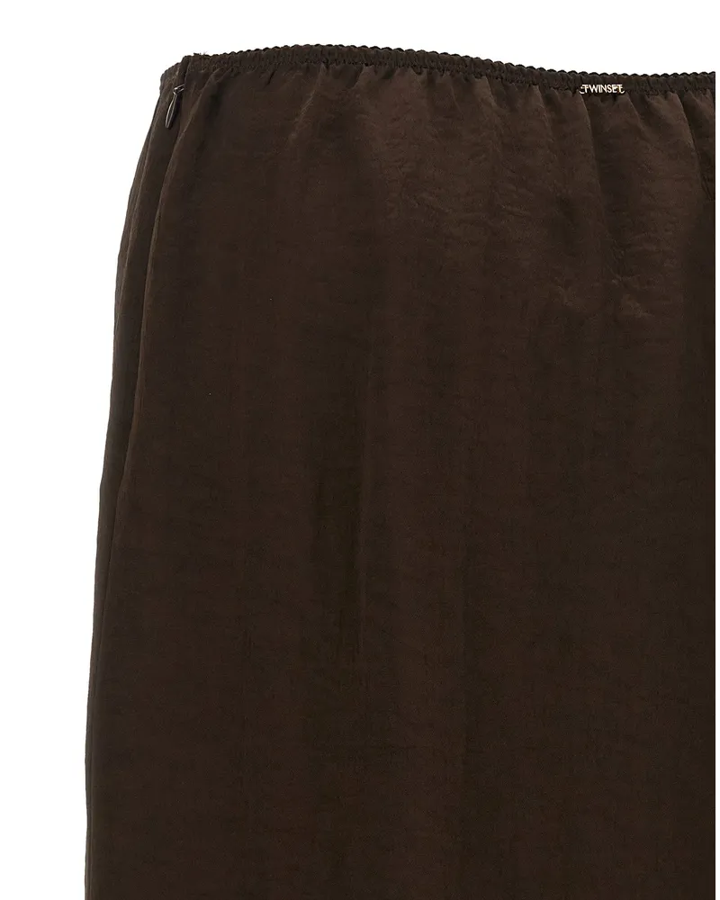 Twin-Set Froissé Satin with Lace Hem Skirt — Brown Brown