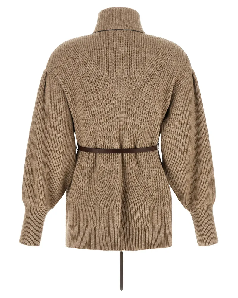 Brunello Cucinelli English Half-Ribbed Virgin Wool Cardigan — Beige Beige