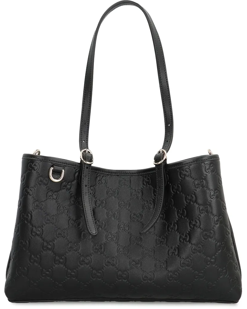 Gucci Women's Tote Bag Gg Emblem Media Black Leather Calfskin Black