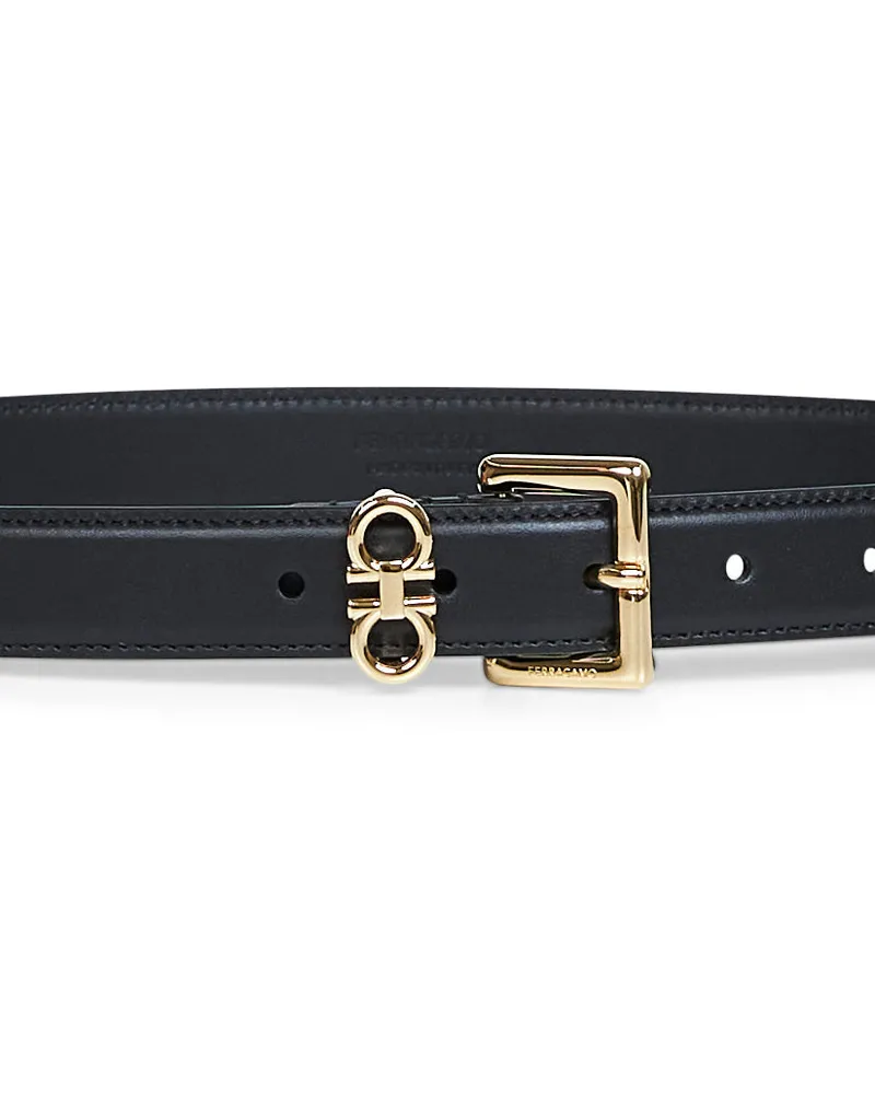 Ferragamo Women's Calf Leather Belt Double Gancini Black Black
