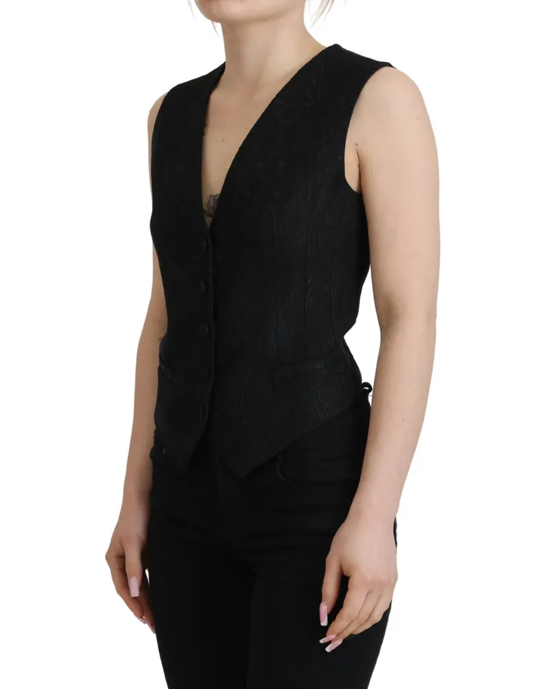 Dolce & Gabbana Women Black Brocade Button Down Sleeveless Vest Top Virgin Wool Silk Elastane Black