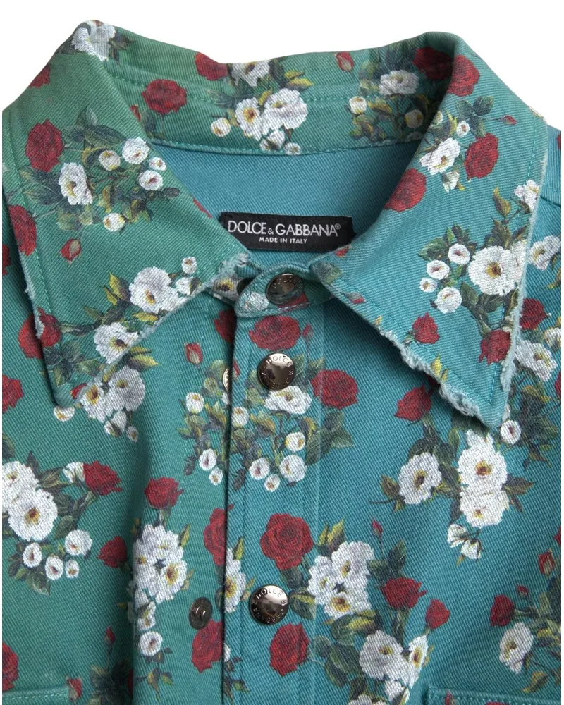 Dolce & Gabbana Men Blue Floral Cotton Button Down Denim Shirt Green