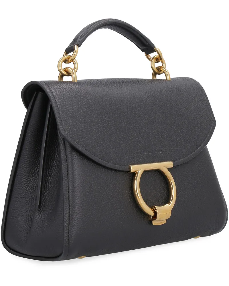 Ferragamo Women's Gancini Pebbled Leather Handbag Black Calfskin Handbags Hand Bags Black