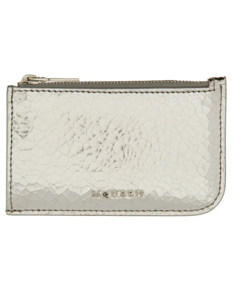 Alexander McQueen Logo-Embossed Calfskin Card Case — Silver Silver