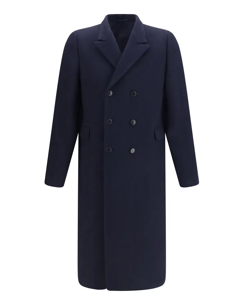 Prada Double-Breasted Shetland Wool Coat — Blue Blue