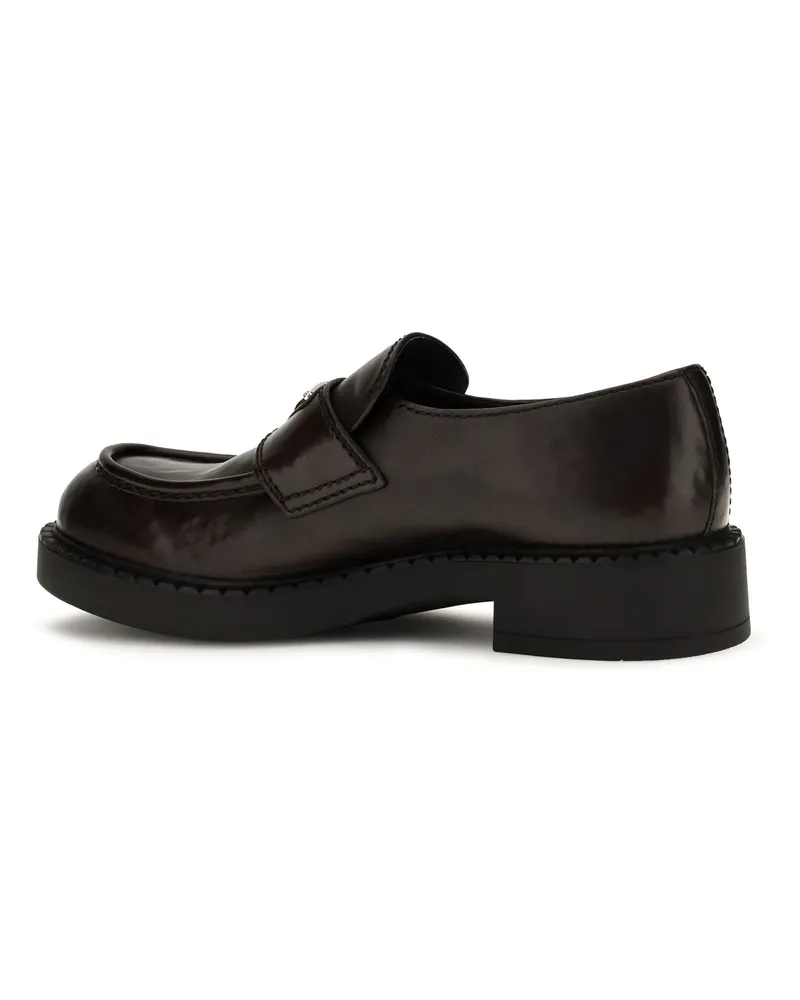 Prada Men's Brushed Leather Loafers With Triangle Logo Teak Brown