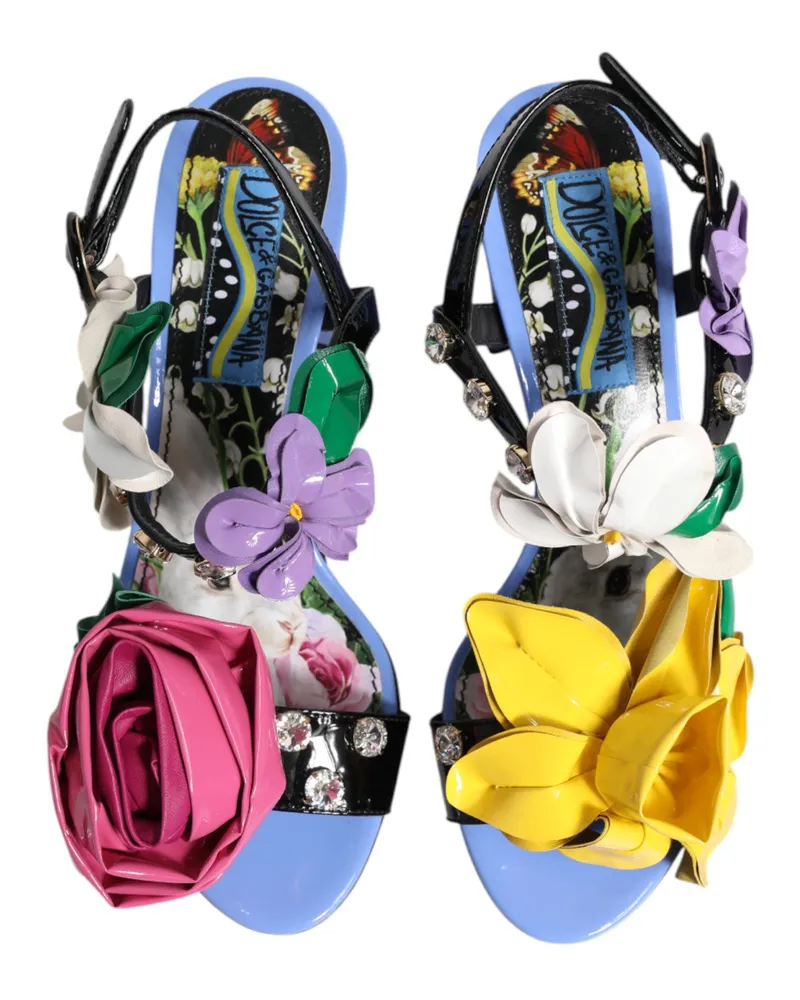 Dolce & Gabbana Women's Multicolor Floral Crystal Keira Sandals Shoes Lambskin Leather Multicolor