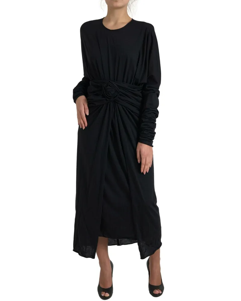 Dolce & Gabbana Women's Black Wool Wrap Sheath Midi Gown Dress Black
