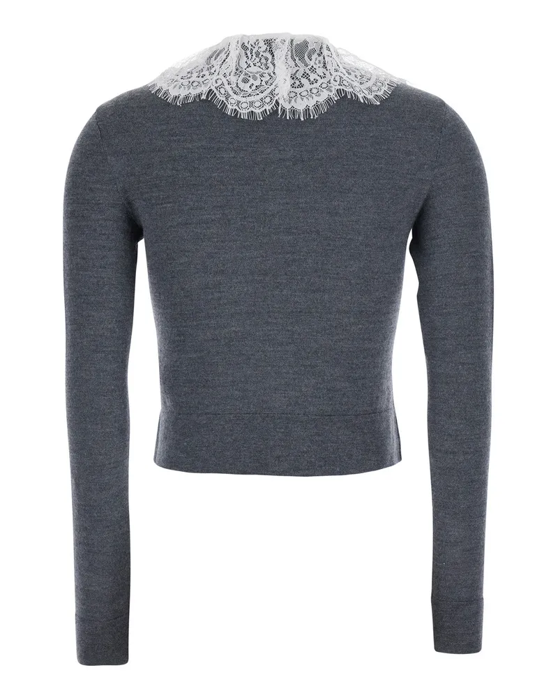 Self-Portrait Women's Cardigan With Lace Collar, Grey Wool Tops Top Gray