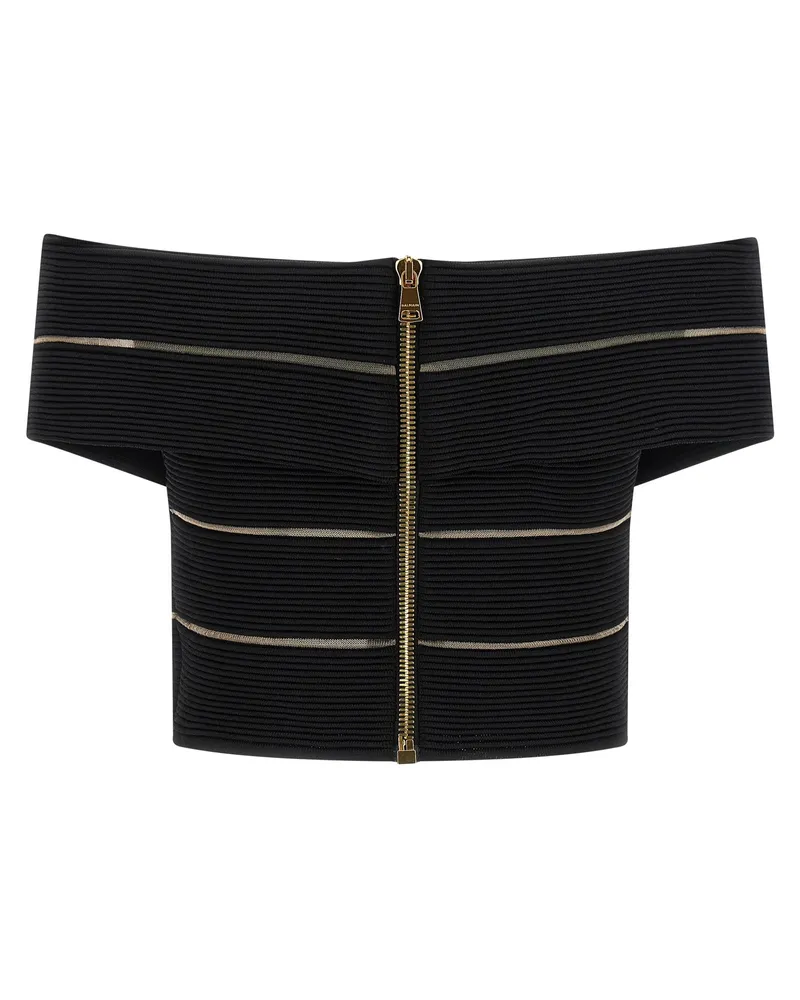 Balmain Off-Shoulder Ribbed Stretch Viscose Crop Top — Black Black