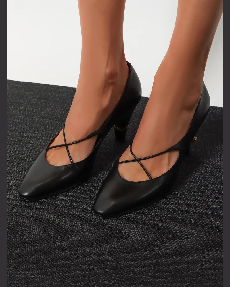 Versace Women's Pumps Criss-Cross Medallion Leather Black High Heel Shoes Black