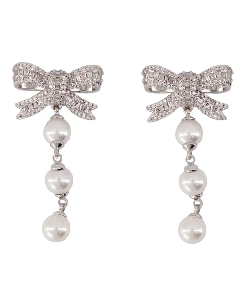 Self-Portrait Bow and Pearl Drop Earrings — Silver Silver