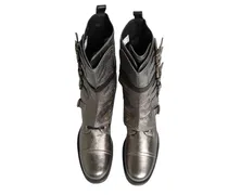 Men's Metallic Silver Combat Biker Mid Calf Boots Shoes Leather