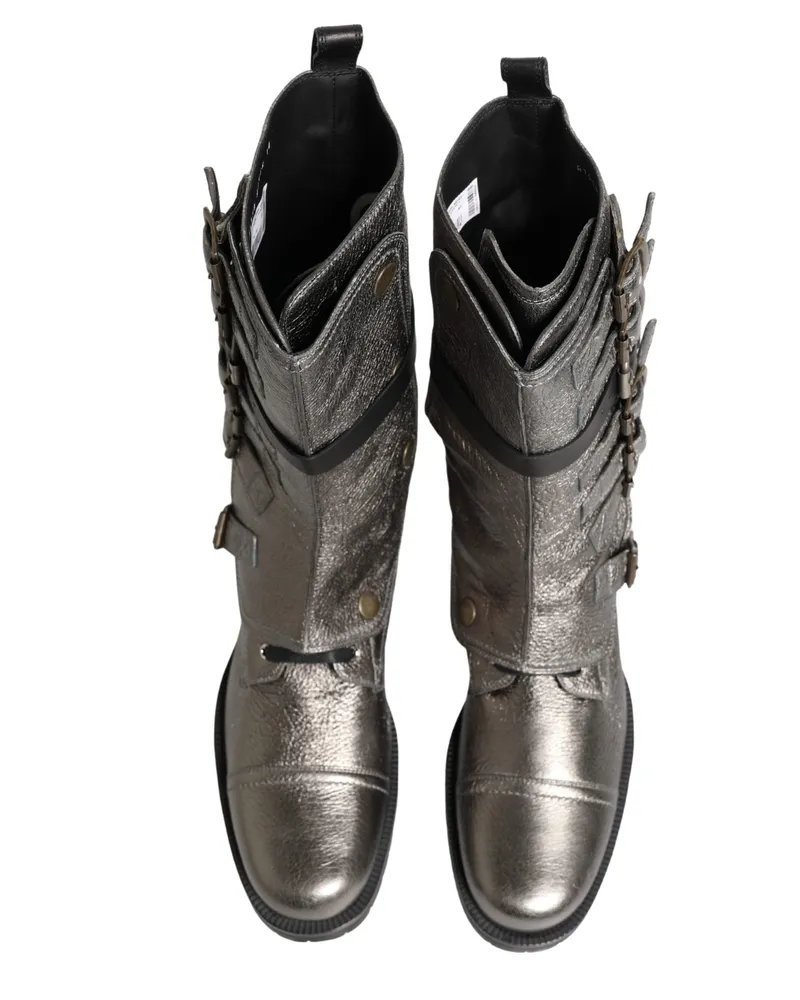 Dolce & Gabbana Men's Metallic Silver Combat Biker Mid Calf Boots Shoes Leather Silver