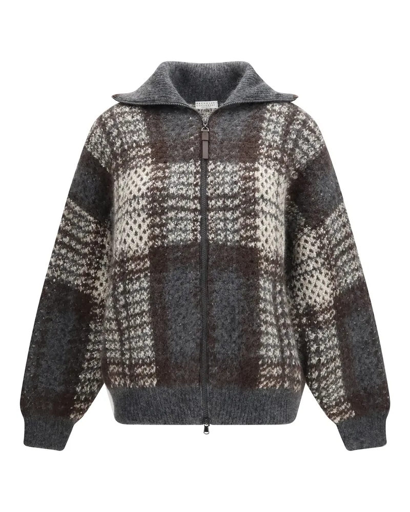 Brunello Cucinelli Checked Wool with Sequins Cardigan — Gray Gray