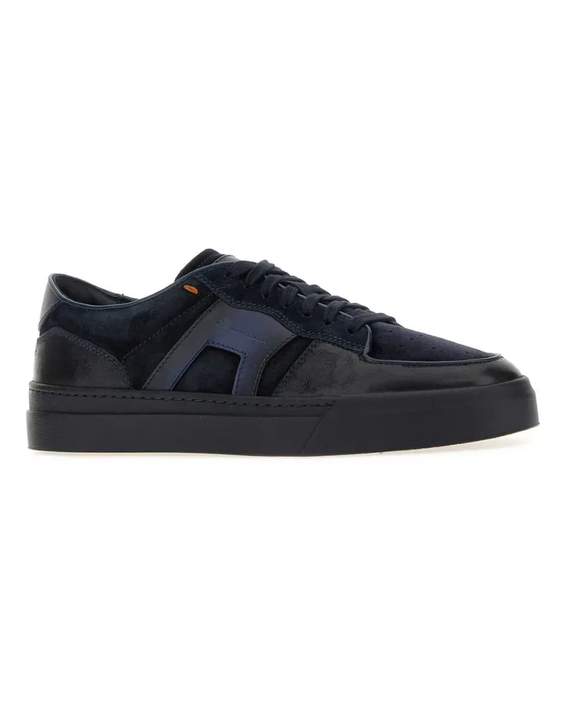 Santoni Men's Blue Leather And Suede Sport Sneakers Bliue Navy