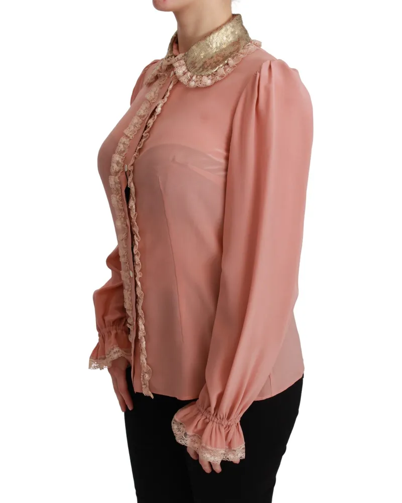 Dolce & Gabbana Women's Pink Silk Gold Sequin Lace Blouse Shirt Pink