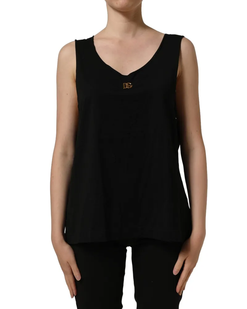 Dolce & Gabbana Women Black Gold Dg Logo Cotton Sleeveless Tank Top Black