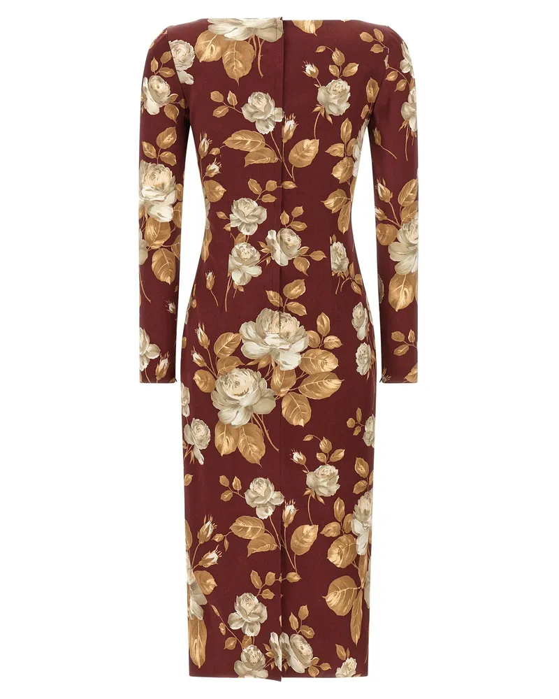 Dolce & Gabbana Rose-Print Silk Satin Dress — Burgundy Burgundy