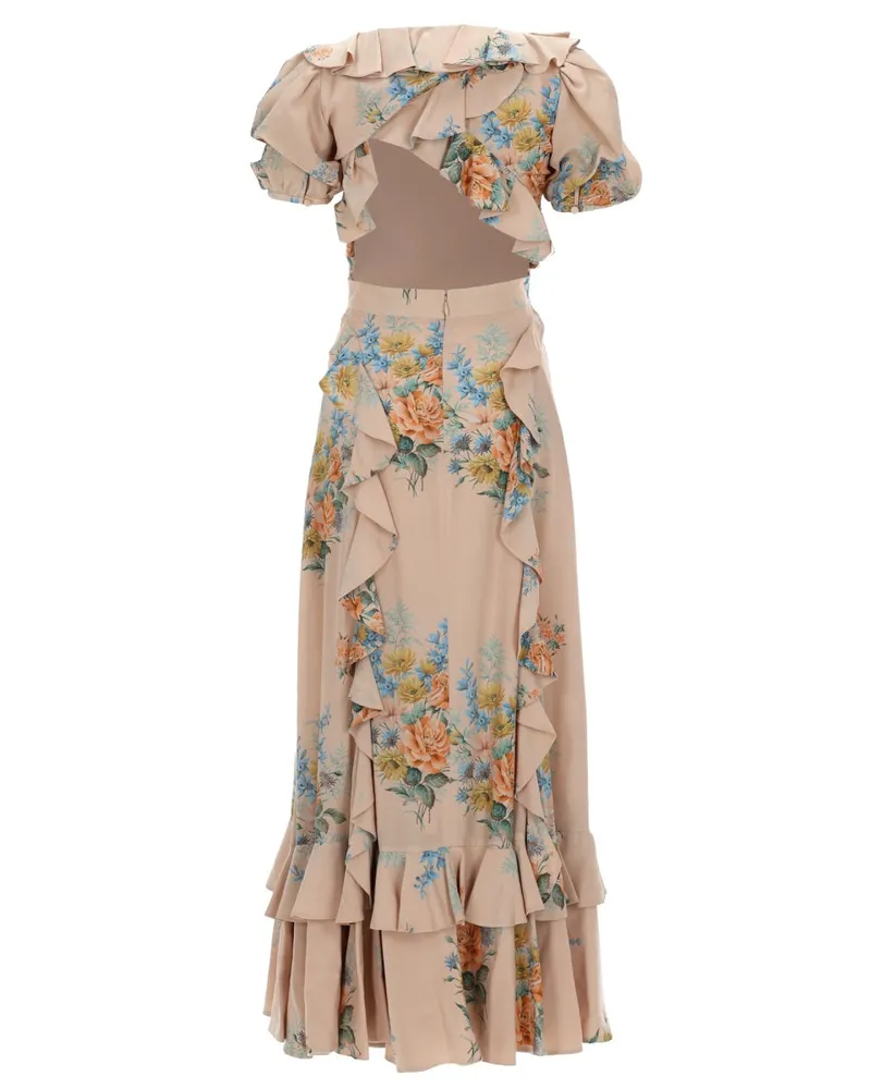 Alexander McQueen Ruched Silk Floral Dress — Beige Beige