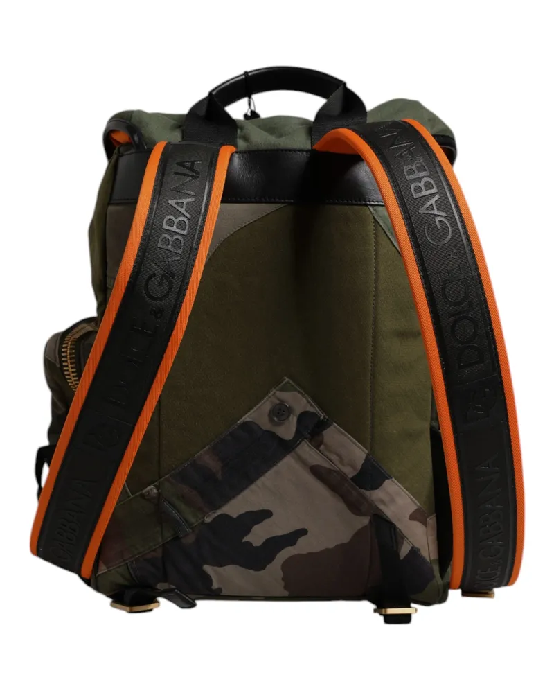 Dolce & Gabbana Men's Military Green Patchwork School Backpack Bag Cotton Calf Leather Nylon Green