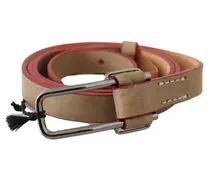 Women's Beige Leather Silver Logo Buckle Waist Belt