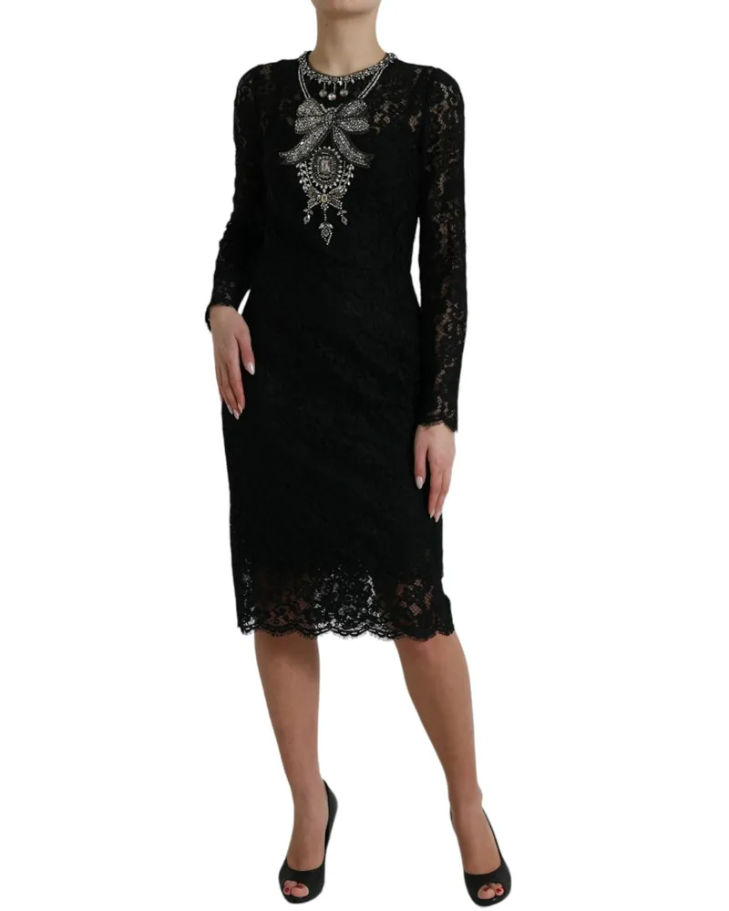 Dolce & Gabbana Women's Black Lace Crystal Embellished Sheath Dress Nylon Cotton Viscose Black