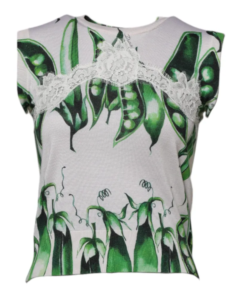 Dolce & Gabbana Women's White Green Pea Print Sleeveless Blouse Top Viscose Silk Cotton Nylon White