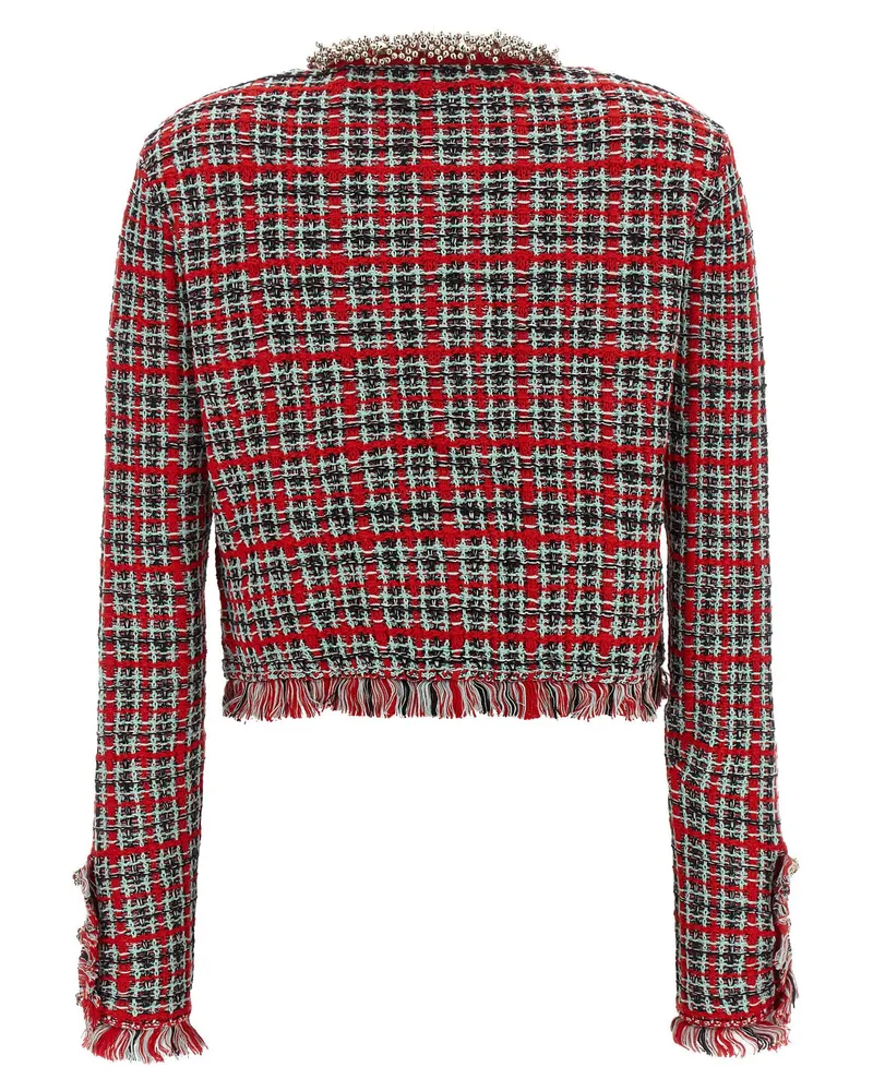 Self-Portrait Check Tweed with Beaded Collar Jacket — Red Red