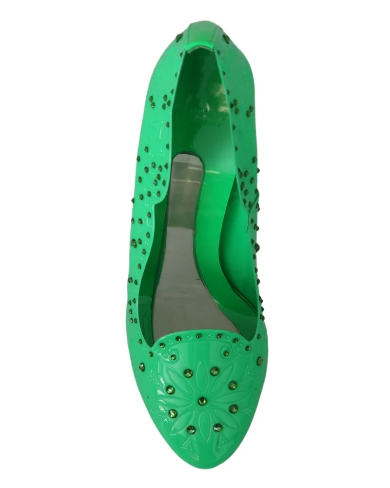 Dolce & Gabbana Women's Green Crystal Floral Heels Cinderella Shoes Pvc Green