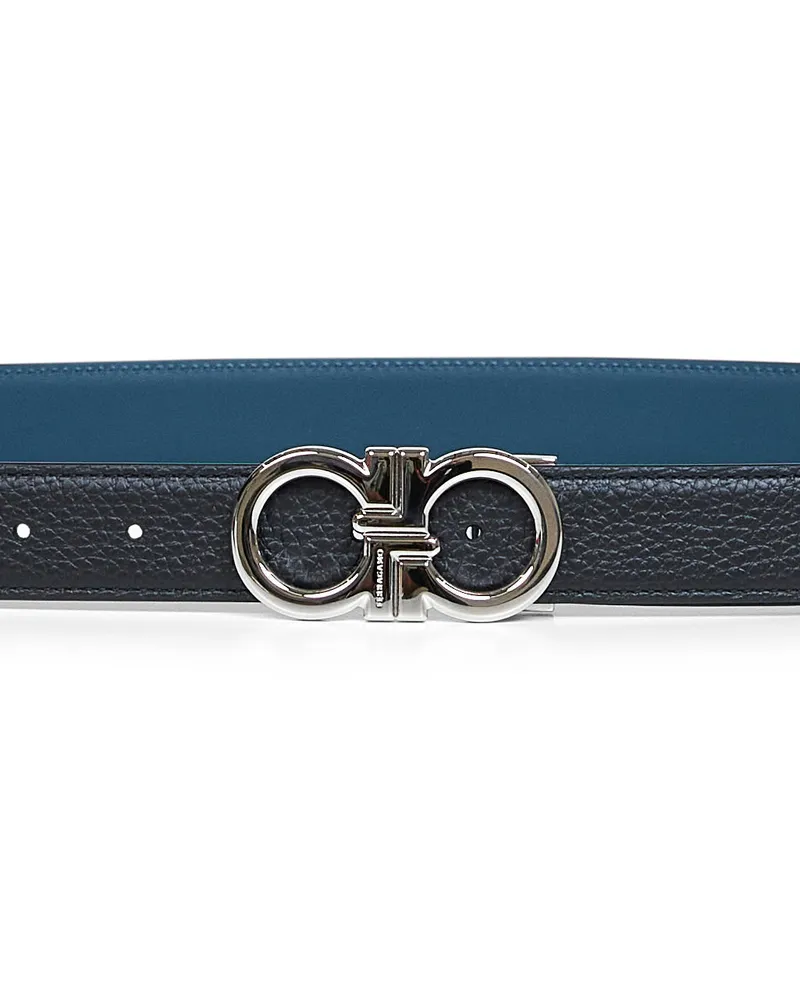Ferragamo Men's Belt Gancini Black-Titanium Blue Calf Leather Black
