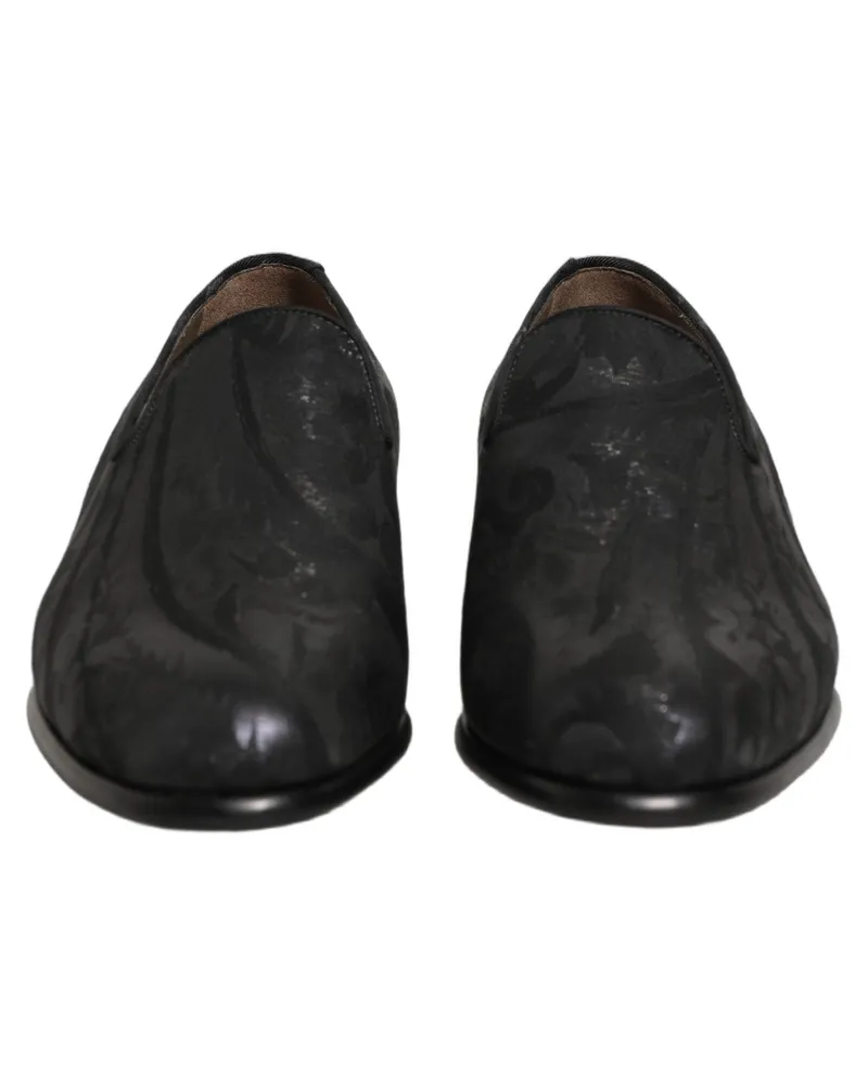 Dolce & Gabbana Black Brocade Men Slip On Dress Loafers Shoes Leather Black