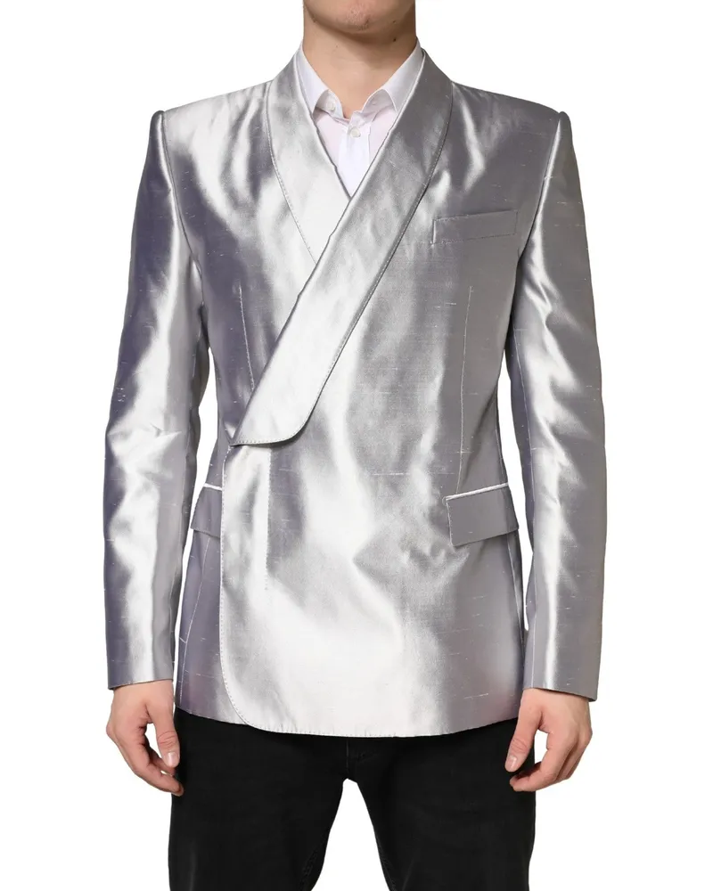 Dolce & Gabbana Men's Silver Sicilia Silk Double Breasted Blazer Clothing Silver